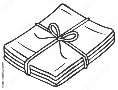Paper stack tied with string, bundle of sheets, document package, line art drawing, linear illustration