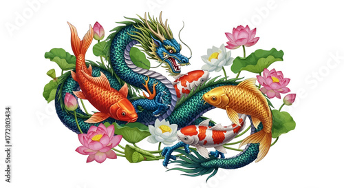 Mythical harmony: A blue dragon dances amidst koi fish and lotus blossoms serenity, peace, fortune