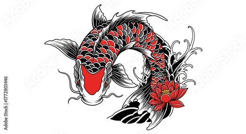 Striking japanese koi fish vector art with lotus flower, vibrant colors and smooth lines creating