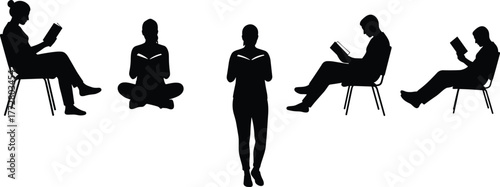 Reading silhouette vector, people reading book clipart, study posture design, student lifestyle art, education activity graphic, learning illustration set