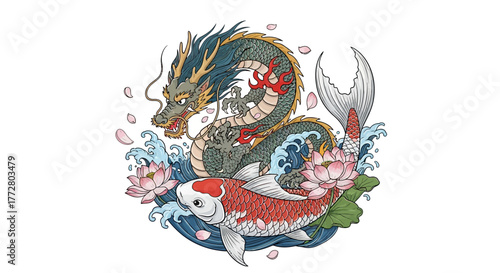 Mystical alliance of dragon and koi fish art with lotus blossoms amid swirling waves