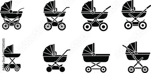 Vintage baby stroller collection silhouettes vector