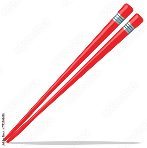 Two bright red chopsticks with silver bands are poised for eating