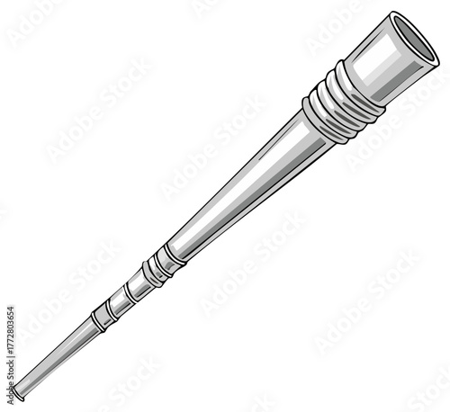 Illustration of a Long Silver Wind Instrument, Isolated
