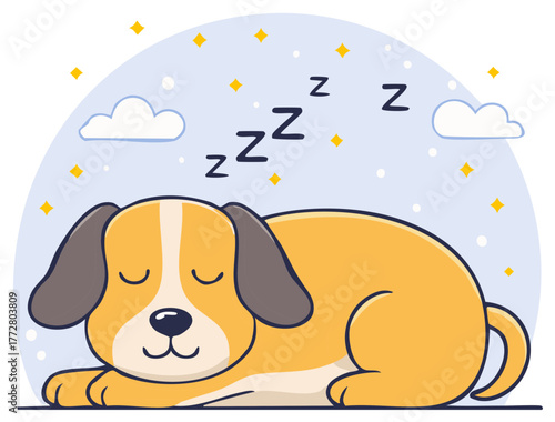 Adorable Cartoon Dog Sleeping Soundly Under Night Sky with Clouds and Stars