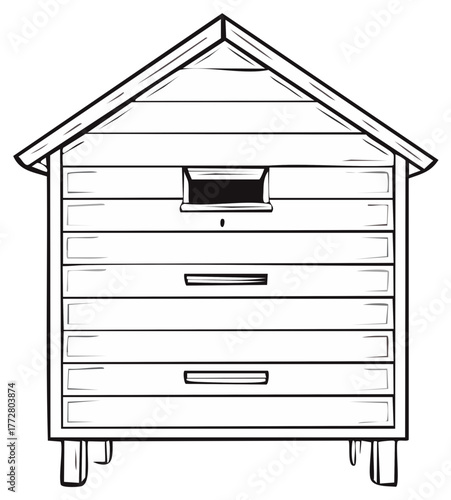 Vector Sketch of Wooden Beehive for Honey Production with Gabled Roof