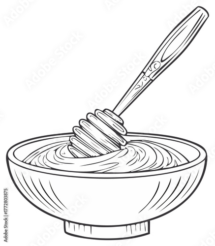Hand drawn line art illustration of a honey dipper stick in a bowl of sweet golden honey.