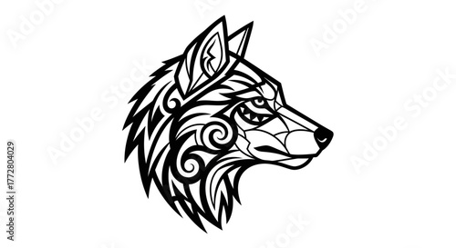 Striking wolf head illustration features bold outlines and geometric tribal elements