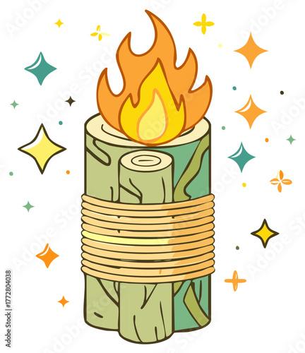 Cartoon Bundled Woods Emitting Flame with Stars Graphic for Summer Campfire or Spiritual Ritual Icon