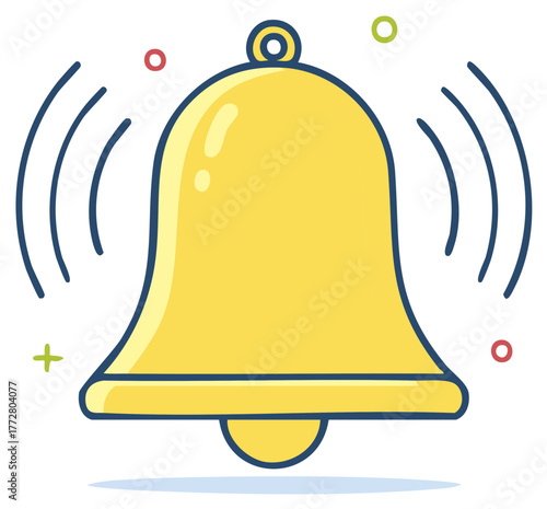 Yellow bell ringing with sound waves and small colorful circles