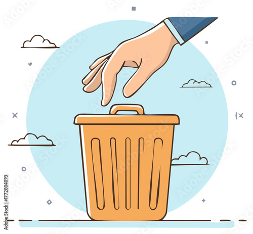 Illustration of a hand placing an object into a trash can for deletion or waste disposal