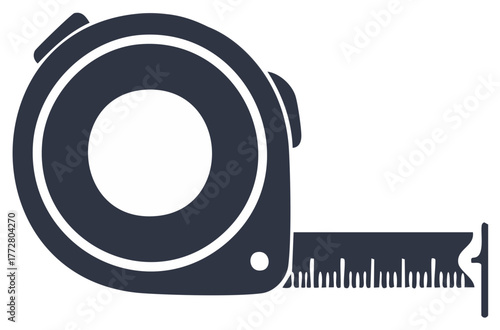 Simple dark grey silhouette icon of a tape measure with its tape extended showing markings