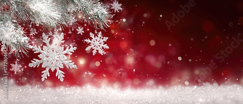 Festive Christmas Background With Snowflakes, Pine Branches And Bokeh Lights On Red, Ideal For Holiday Wallpaper, Poster And Decorative Design.