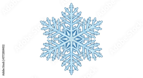 Delicate icy blue snowflake crystal with intricate fractal symmetry and frosty winter design on