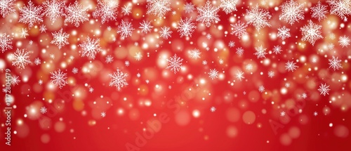 Festive Christmas Background With White Snowflakes And Bokeh Lights On Red, Ideal For Holiday Wallpaper, Poster And Decorative Design.