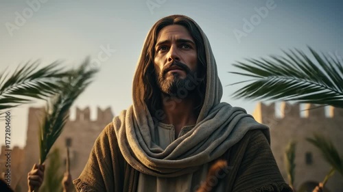 Jesus Christ riding a donkey during his entry into Jerusalem on Palm Sunday with crowd holding palm branches, Christian biblical event footage