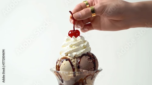 Adding Cherry to Ice Cream Sundae with Chocolate Sauce