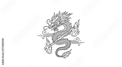 Enigmatic oriental dragon artwork with flaming sword symbolizing power and mystic tradition