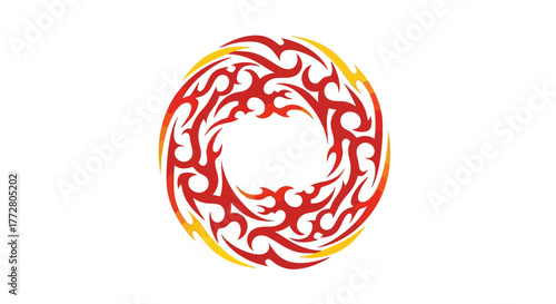 Fiery tribal vortex of swirling flames emblem with dynamic red and yellow gradients symbol