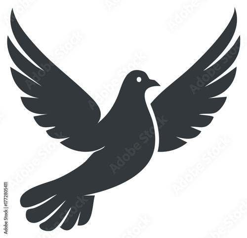 Stylized dark gray silhouette of a dove with wings outstretched flying upwards