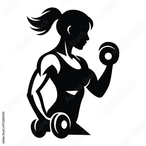 Silhouette of a Strong Woman Exercising with Dumbbells.