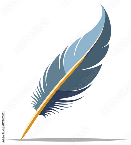 Stylish light-blue and golden feather illustration icon for writing and illustration purposes, isolated in simple design.