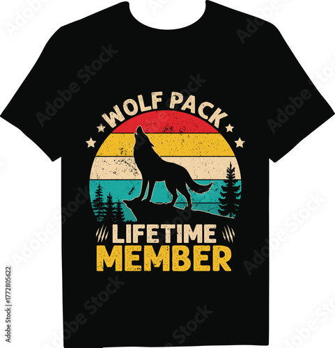 Vintagestyle tshirt design featuring the phrase wolf pack lifetime member with a retro sunset graphic, perfect for a unique and stylish look