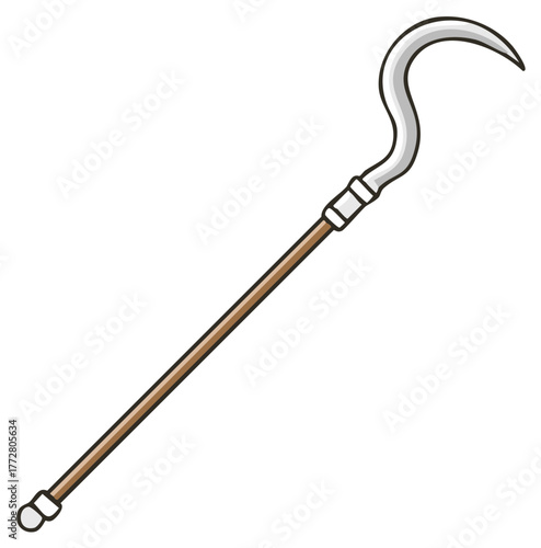 Curved metal tool on a wooden pole for harvesting or defense