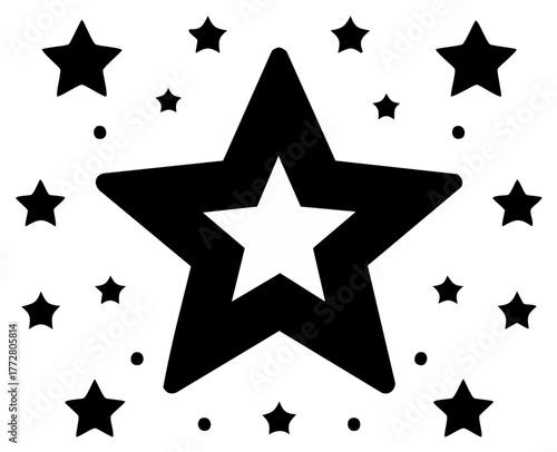 Collection of black stars of various sizes and some dots with one larger white star in the middle