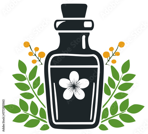 Aromatic botanical infusion in a dark glass bottle with cork stopper and blooming flower symbol