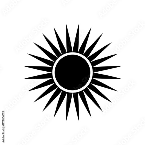 Black sun with sharp rays on transparent background silhouette