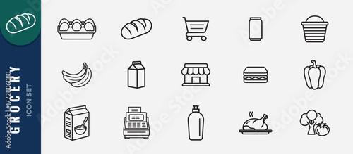 Set of Grocery. Groceries and market produce icons. Containing store, cart, store, shop, chicken, banana, sandwich, illustration.