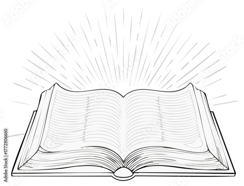 Open antique book with radiating light beams symbolizing knowledge, education, and revelation in a vintage line art style.