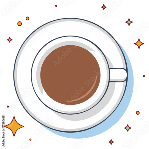 Coffee cup illustration, overhead view of brown liquid on white saucer with sparkles
