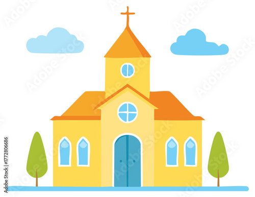 Cartoon Church with Cross, Trees, and Clouds
