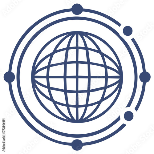 Global Network Connection Icon with Orbiting Nodes