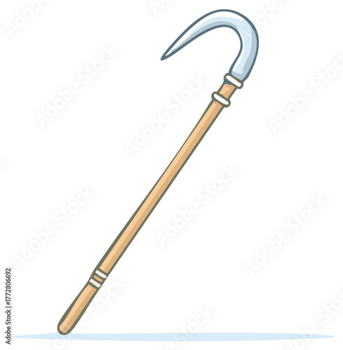 Cartoon illustration of a long wooden staff with a sharp curved hook blade