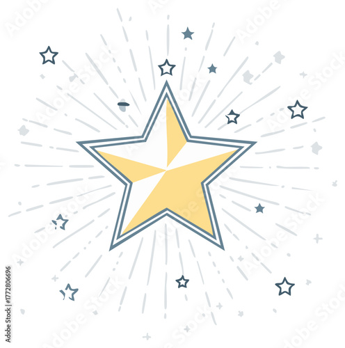 Doodle Style Yellow Star with Blue Outline and Radiant Sparkle Burst Celebrating Success and Achievement