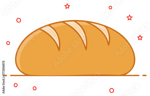 Loaf of Bread Cartoon Style with Red Stars and Dots Decoration Freshly Baked Goods Food and Bakery Concept