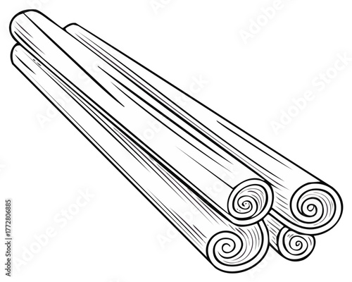 A bundle of rolled cinnamon sticks with visible spiral textures and defined lines