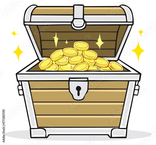 Open treasure chest illustration filled with gold coins and gleaming sparkles cartoon style