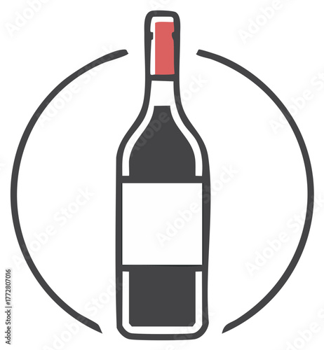 Stylized red wine bottle icon with blank label in a circular frame vector illustration