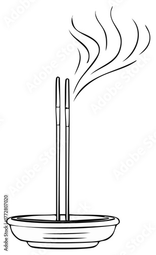 Line art of incense sticks in a holder with smoke, meditation and relaxation concept