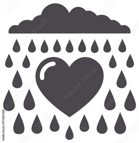 Simple vector icon of a heart under a cloud with falling raindrops