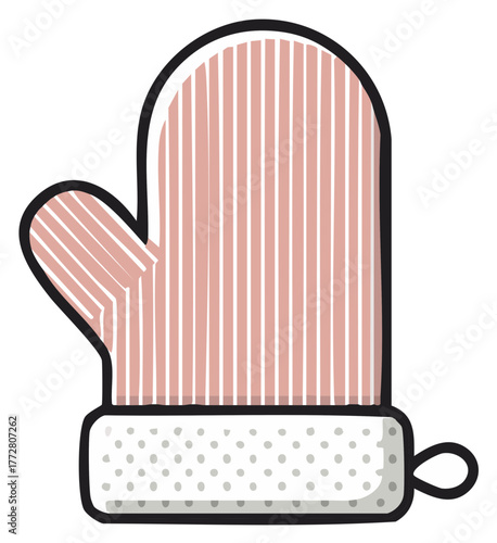 Pink Striped Oven Mitt Cartoon with Padded Cuff Illustration for Cooking or Baking