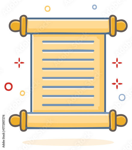 Vector illustration of a cartoonish paper scroll with wooden dowels and stylized markings