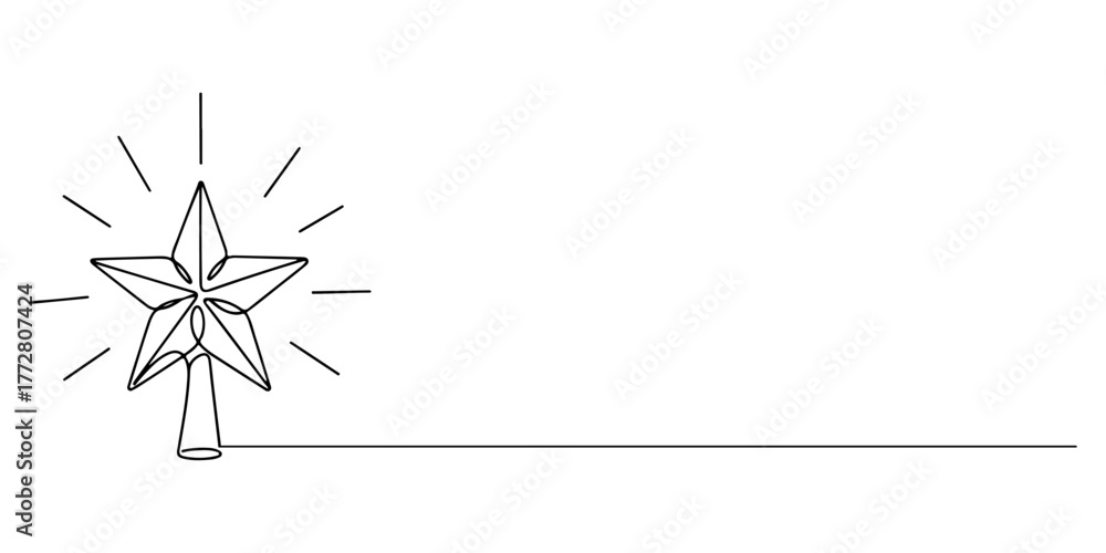 Fototapeta premium Continuous one line of Christmas tree top star emitting soft light, style hand drawing vector illustration.