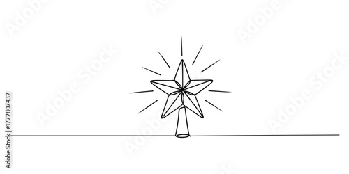 Continuous one line of Christmas tree top star emitting soft light, style hand drawing vector illustration.