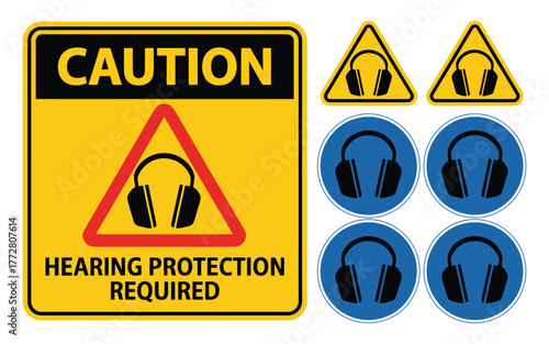 Ear safety vector icons including hearing protection required, ear muffs and headphones symbol, workplace safety illustration isolated on white background