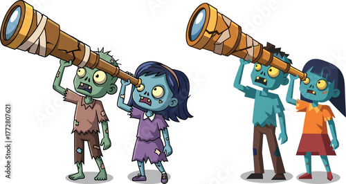 Zombie kids explore, cartoon telescopes, green skin, stitched faces, funny horror, comic style, curiosity theme, sky watching, playful scene, imagination